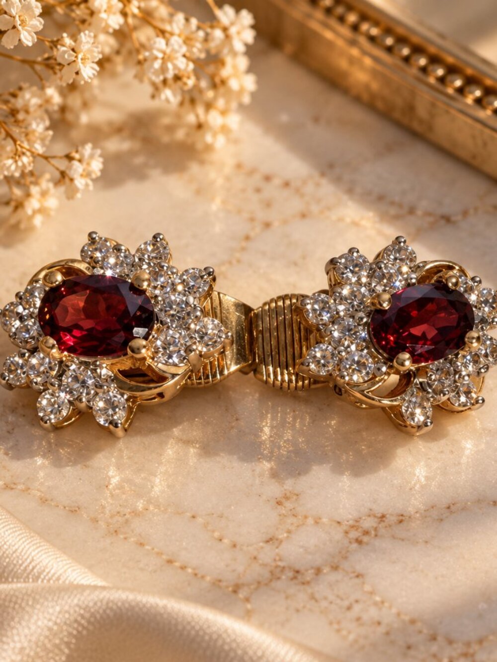 Vintage Gold Tone Deep Red Garnet Rhinestone Clip-On Earrings